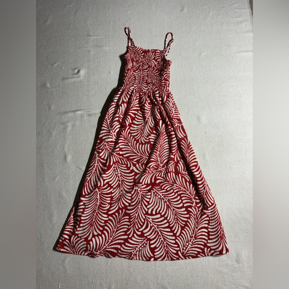 H&M Rust and White Fauna Smocked Flowy Midi Dress